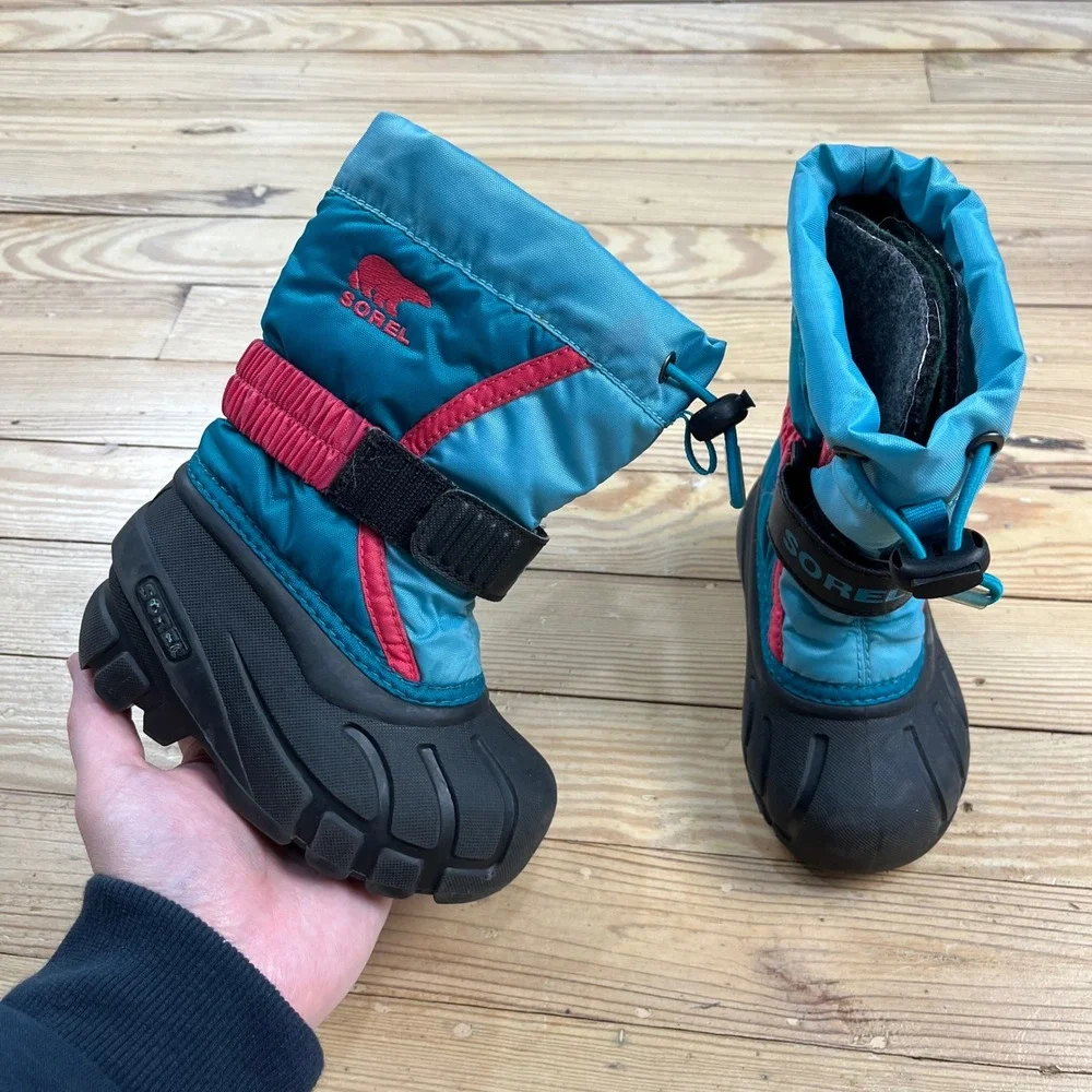 Sorel Toddler Flurry Snow Boots Teal Pink Black NV1885-477 Size 6 winter warm